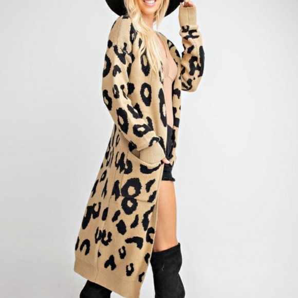 Leopard Print Sweater Cardigan Duster w/ Pockets - Picture 4 of 5